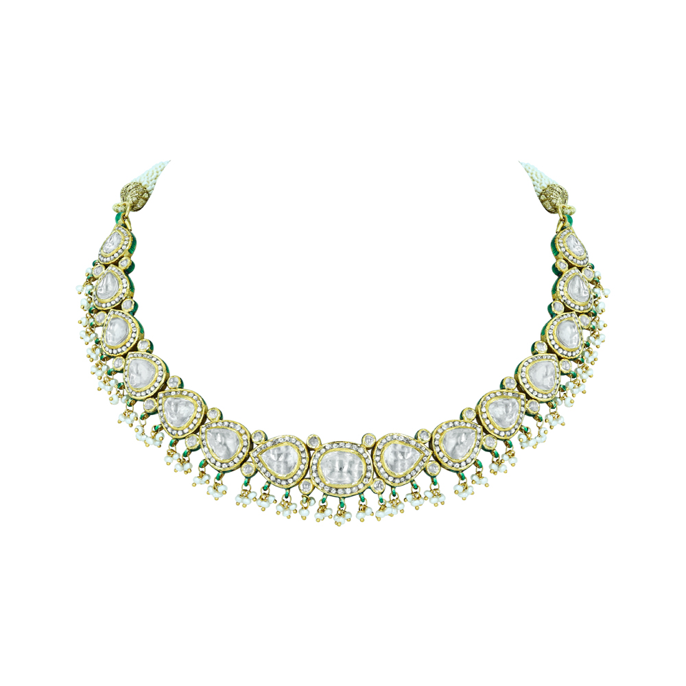 Pear-Shaped Polki Necklace with Gold Detailing and Pearls